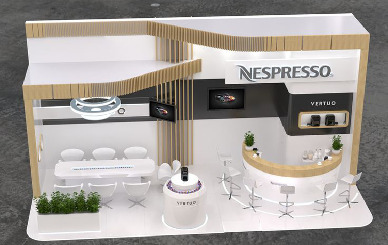 چیدمان غرفه‌های نمایشگاهی شرکت Nespresso با مبلمان و دکوراسیون سفید و باغچه کوچک برای گیاهان با طراحی جذاب
