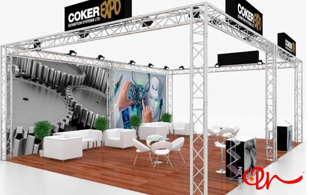 اجاره اسپیس فریم تهران برای شرکت COKER EXPO با مبلمان سفید و کف‌پوش چوبی