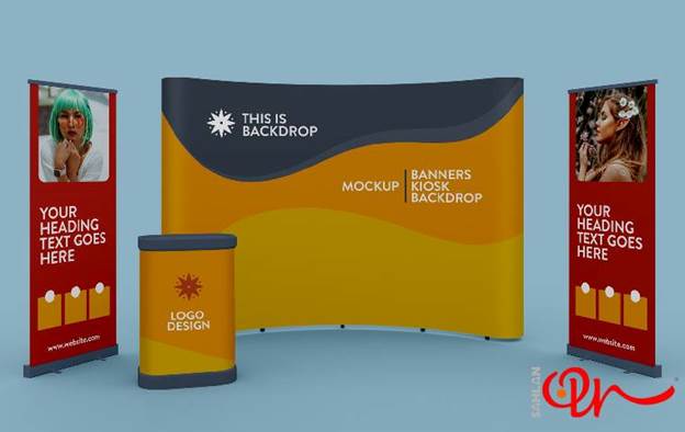 تبلیغات نمایشگاهی برای mockup با رنگ‌های زرو و قرمز و سرمه‌ای
