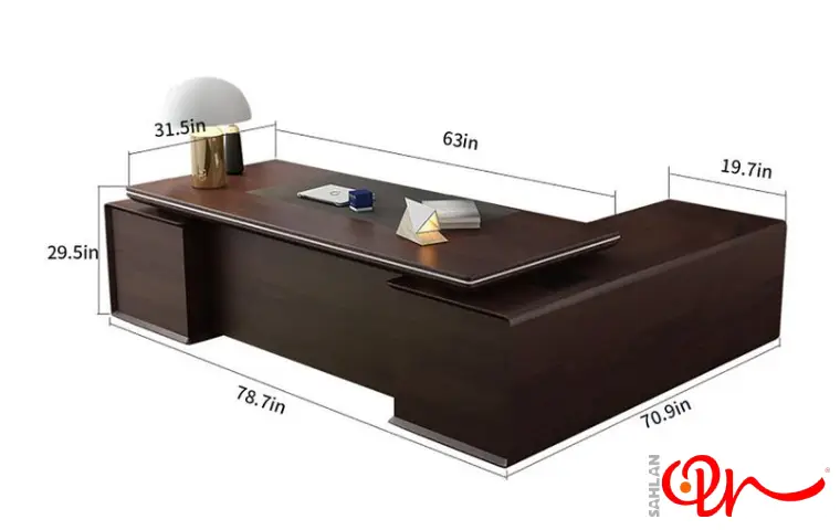 نمایش ابعاد میز اداری به رنگ قهوه‌ای تیره