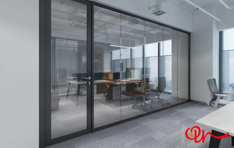 پارتیشن شیشه‌ای مشهد با قاب فلزی به رنگ مشکی مات در محیط اداری