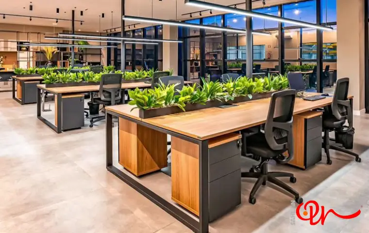 طراحی محیط اداری کوچک با استفاده از چوب و فضای سبز زیاد