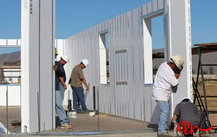 نیروی کار متخصص در حال مونتاژ قطعات بتنی برای ساخت خانه پیشساخته