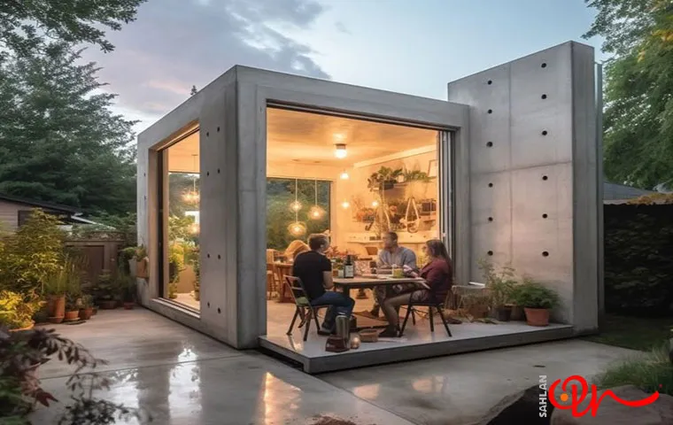 خانه بتنی زیبا و کوچک با نورپردازی و تزئینات گل